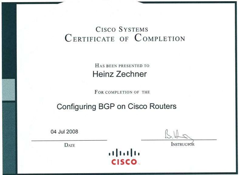 Cisco Zertifikat an Ing. Heinz Zechner, MSc.